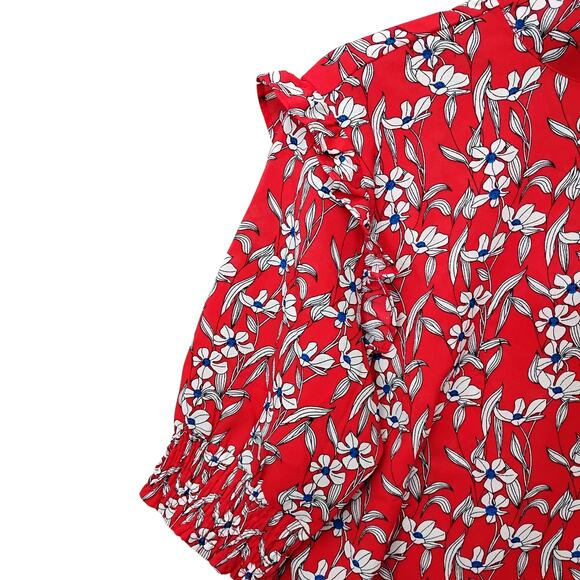 Vila Blouse Red with White Floral Print Size M/L Short Sleeve High Neck Ruffled - Picture 6 of 11